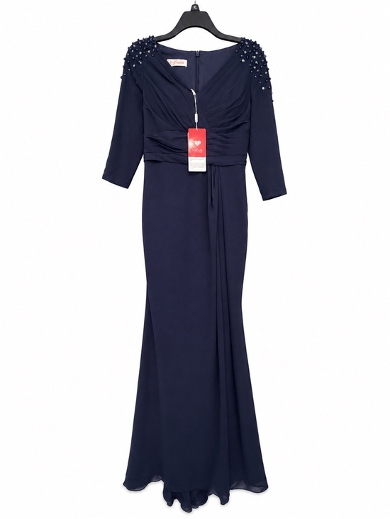 JJs House Dresses & Skirts - JJs House Navy Long Sleeve Evening Gown with Beaded Shoulders